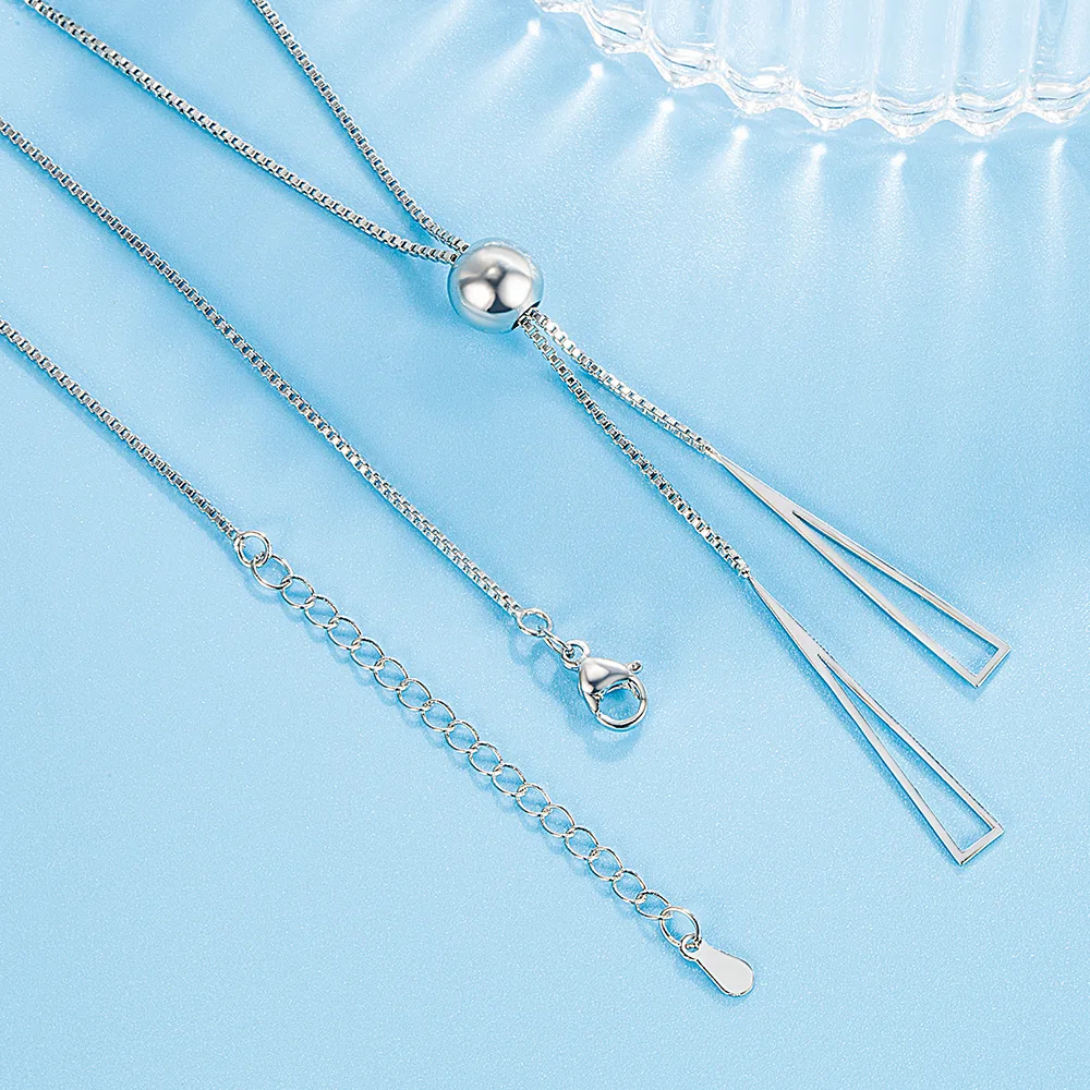 Real 925 Sterling Silver Triangle Pendant Necklace Box Chain Long Drop Earrings Jewelry Sets For Women Trendy FQL23062
