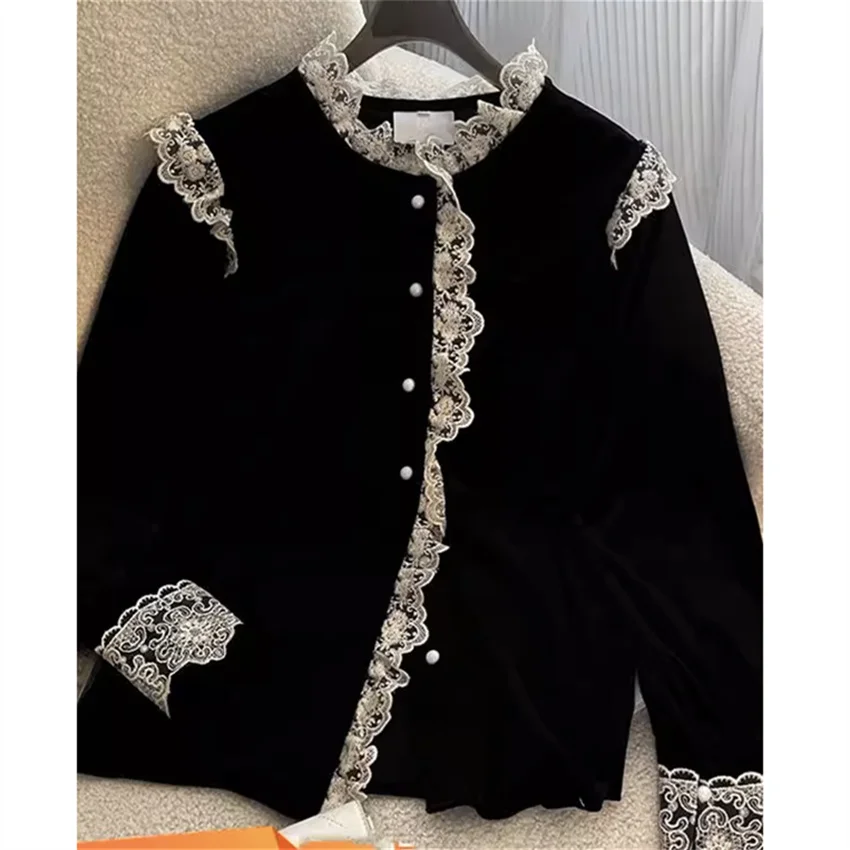 جديد أزياء المرأة الذهب المخملية بلوزة كل مباراة الإناث طويلة الأكمام زر متابعة قميص كبير الحجم سويتي فتاة بلوزات من الدانتيل للمرأة 2531 #5