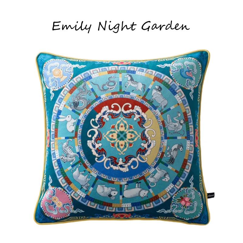 Vintage Tibetan Ethnic Velvet Cushion Cover Twelve Zodiac Animals Mandala Auspicious Totem Print Teal Background Decorative 45cm