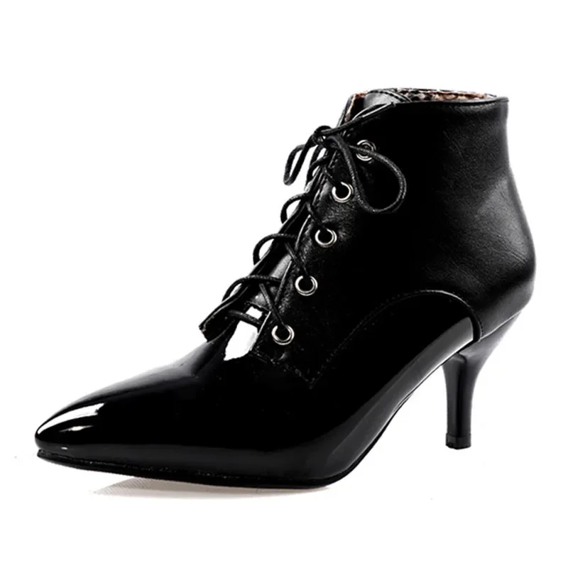 

Winter Women Ankle Boots White Black Mixed Color Office Dress Lady High Thin Heel Casual Lace-up Pointed Toe Vintage Short Boots