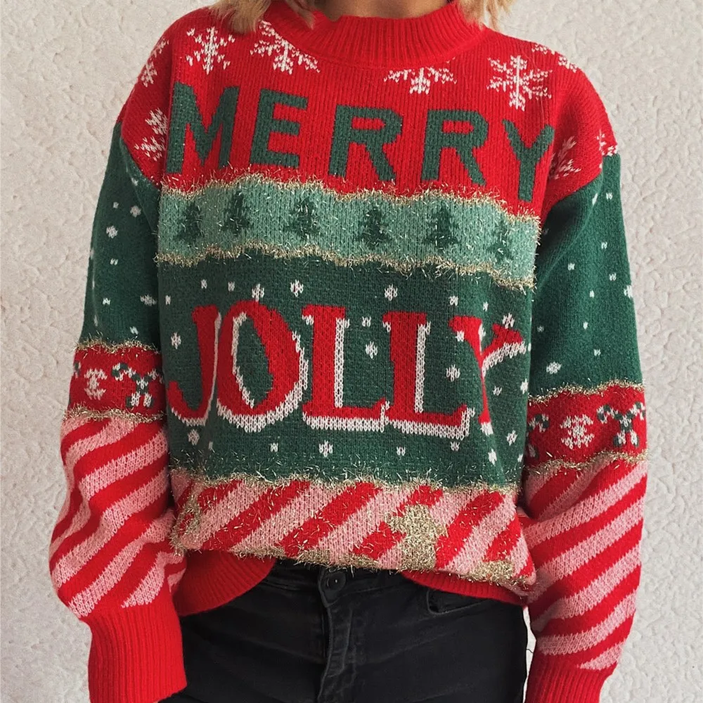 

New Christmas Sweater Autumn Winter Letter Jacquard Casual Loose Fashion Lazy Style Top Knitted Long-sleeved Round Neck Pullover