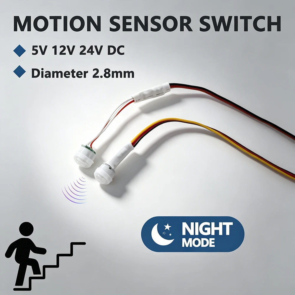 2.8mm Mini PIR Movement Sensor Switch Wide Voltage 5-24V Night Mode Only 30 Seconds Delay for Stair Hallway Bedside Lamp