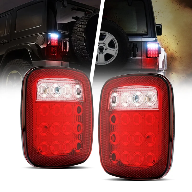 16 LEDs Tail Light Smoke/Red Lens Rear Brake Stop Reverse Lamps Replacement for Jeep Wrangler TJ CJ YJ JK Truck Trailer Boat RV