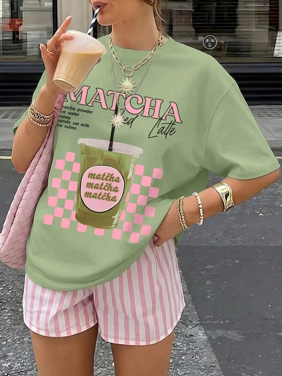 

Matcha Green Graphic Print Casual Short Sleeve T-Shirt For Women