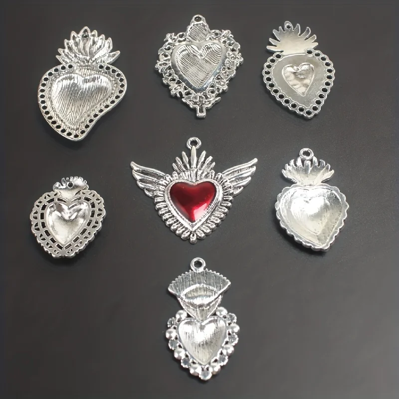 7pcs Mixed Silver Plated Enamel New Gothic Style Sacred Heart Alloy Pendant DIY Charms Earrings Necklace Jewelry Crafts Making
