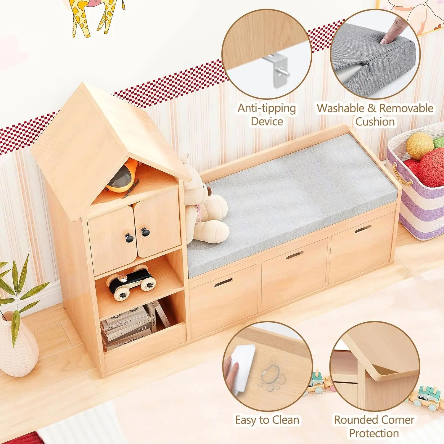 Kids Bookcase And Bookshelf With Reading Nook, Multifunctional Bookcase With 3 Open Storage Cubbies And 3 Drawers, Bookcase