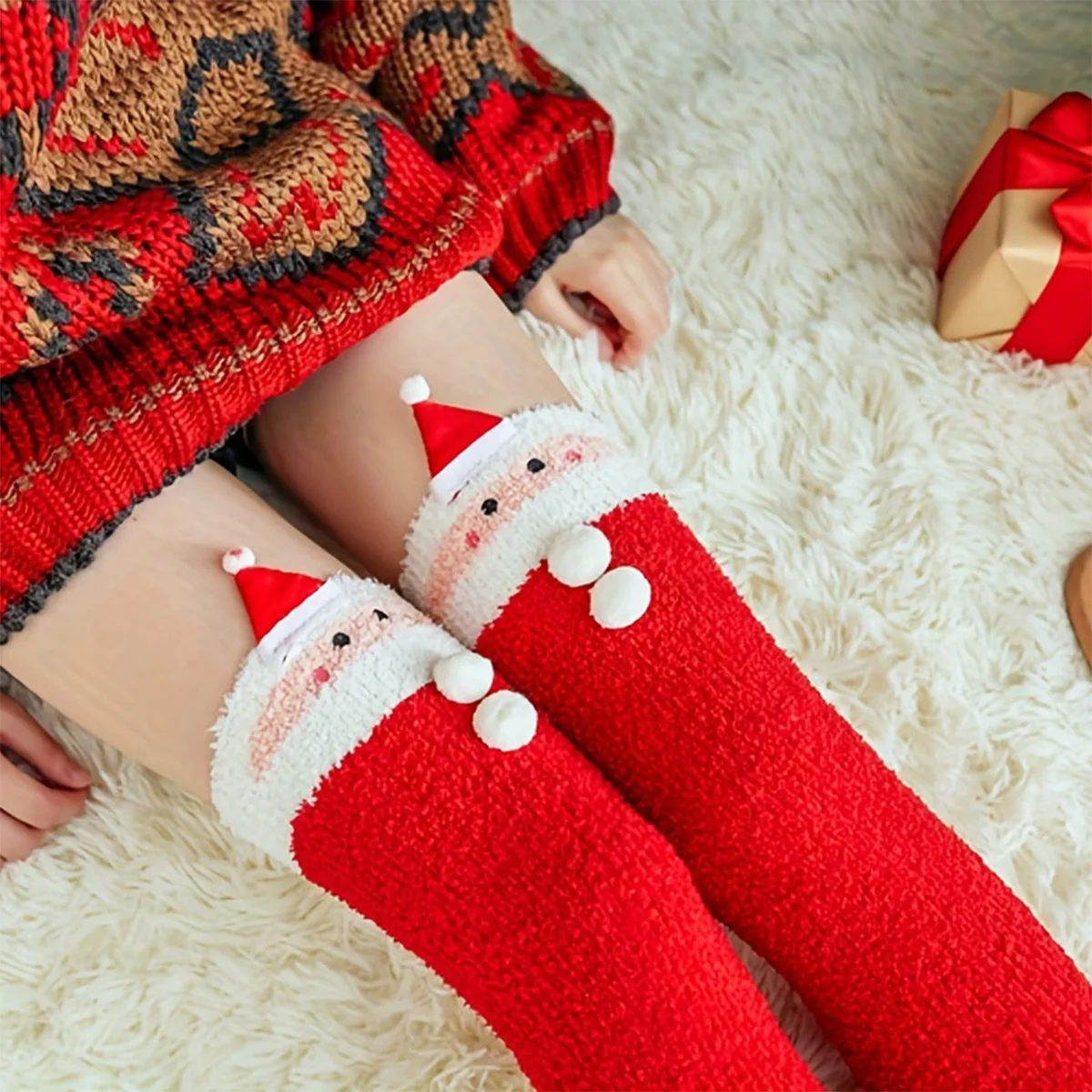 1 pair of Christmas knee length coral velvet warm socks, Santa Claus knee length socks