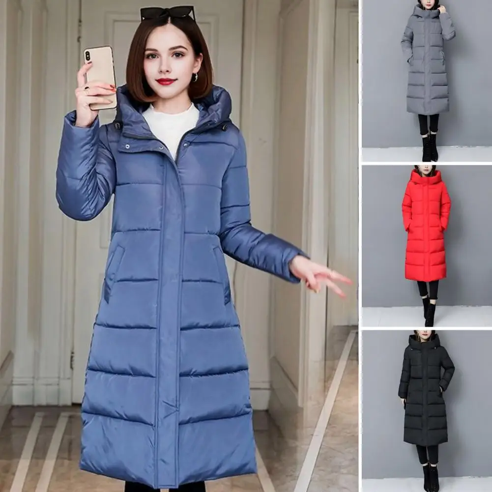 Winter Down Jacket Thickened Soft Hat Standing Collar Knee-length Pocket Zipper Warm Outerwear Cotton Casual Jacket