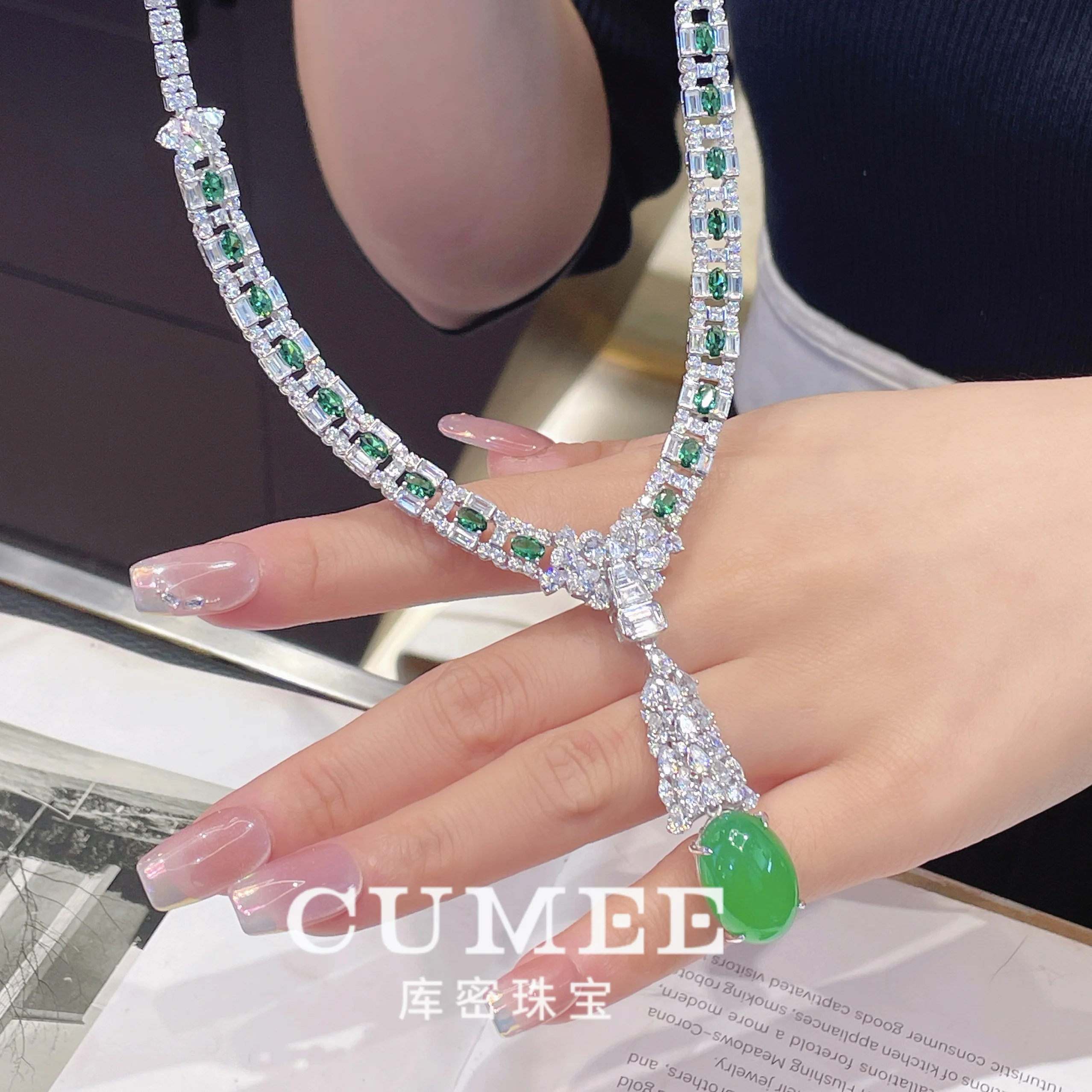 CUMEE Retro New Style High End Style Banquet Chalcedony Bracelet Necklace Set Women 925 Silver Gold Plating