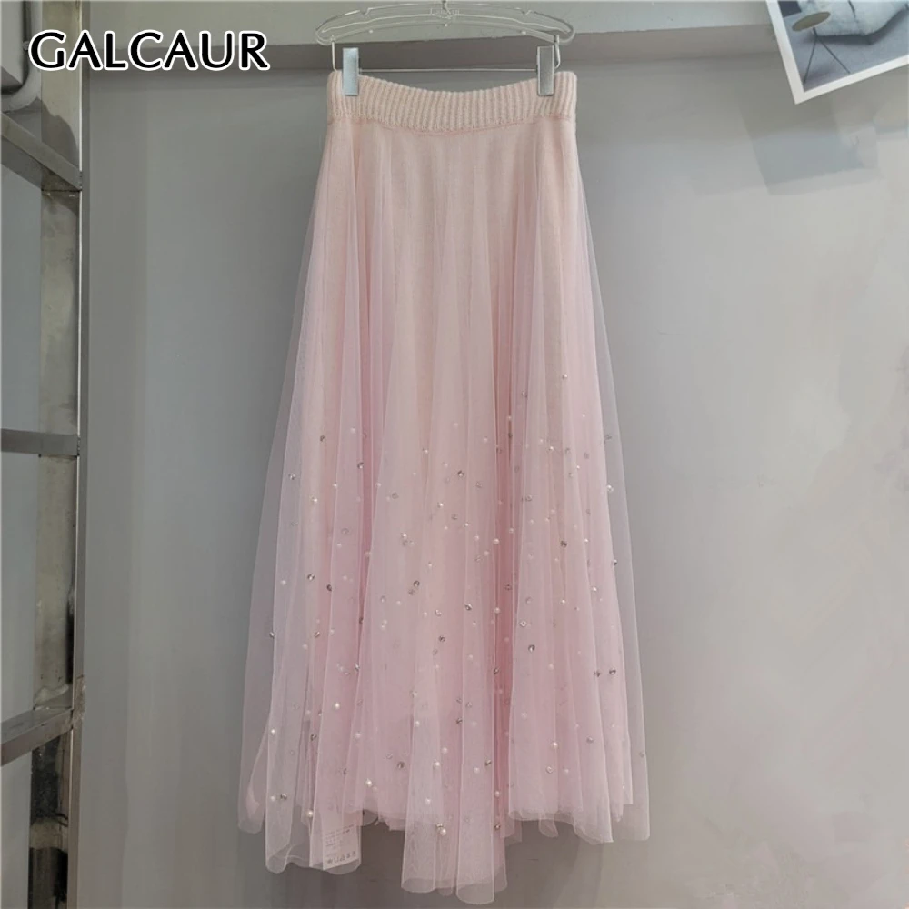 

GALCAUR элегантная юбка с однотонным жемчугом, женская свободная юбка с высокой талией, нежная базовая женская длинная юбка, осенняя мода, новинка