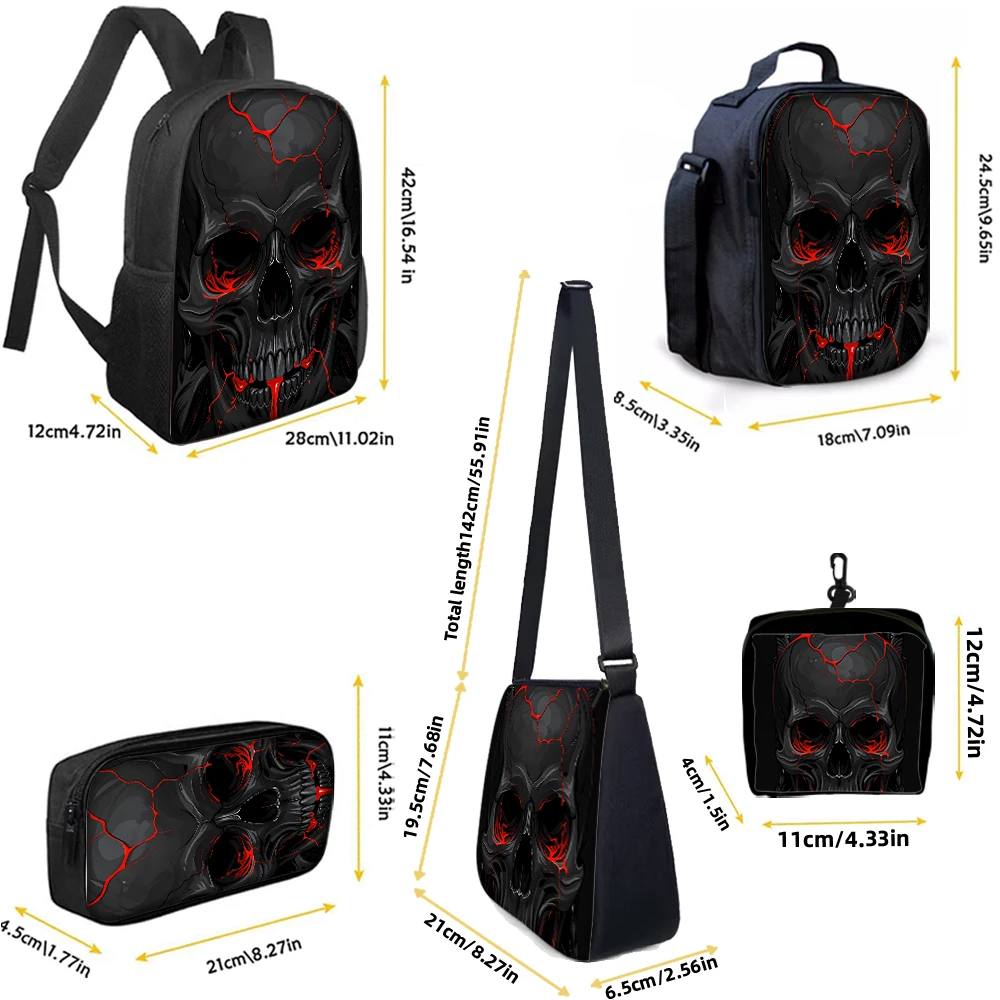 1/2/3/4/5PCS Dark Skull Print Backpack Set | Perfect for School & Daily Travel