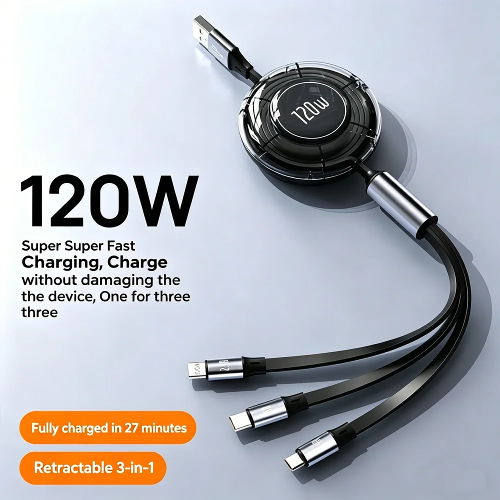 120W USB Type C To Type C Cable Retractable Fast Charging USB C Cable for IPhone 16 Huawei Xiaomi Samsung MacBook