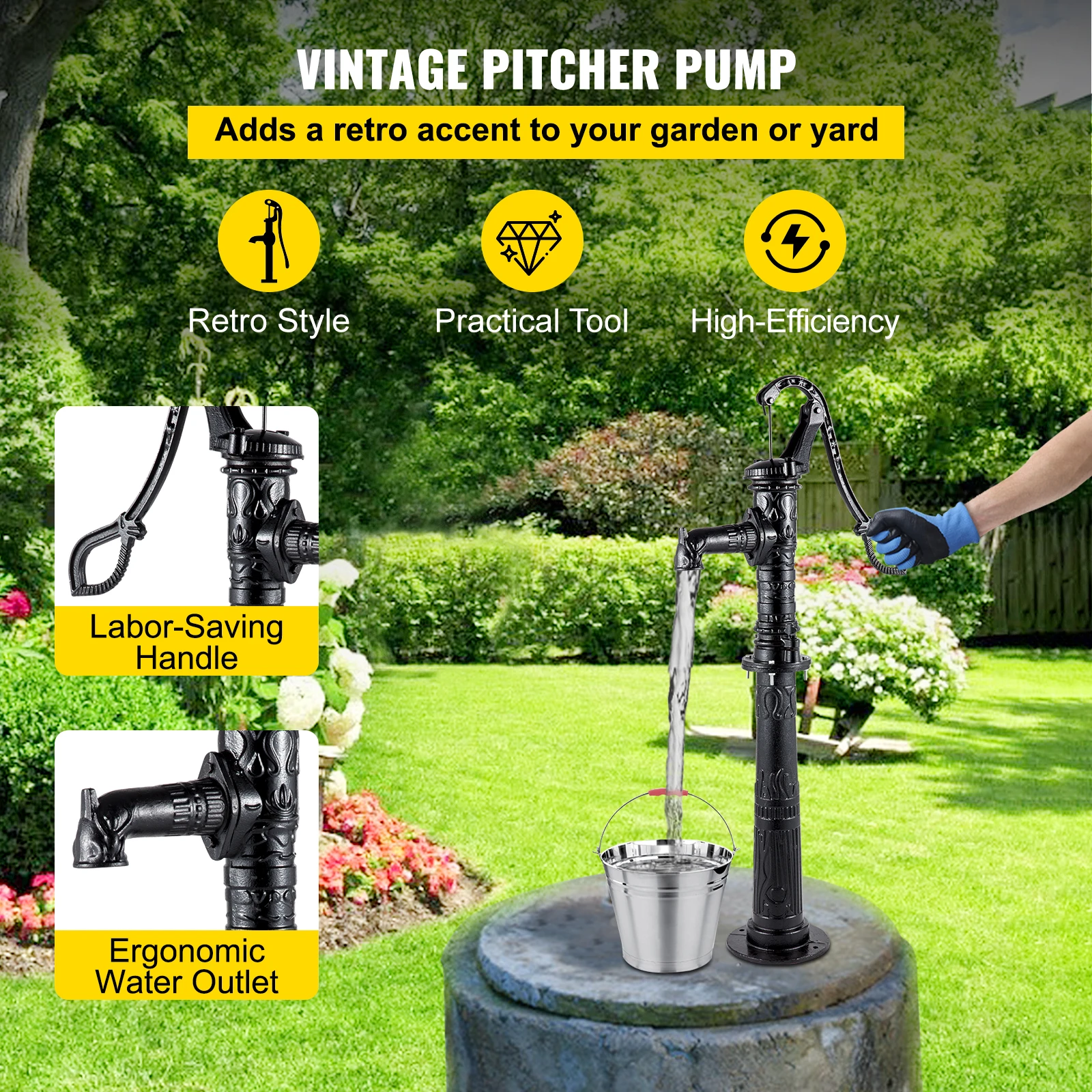 VEVOR 스탠드 포함 핸드 워터 펌프, 15.7x9.4x53.1 인치 피처 펌프, 마당 정원 농장 관개용 펌프 스탠드, 26 인치