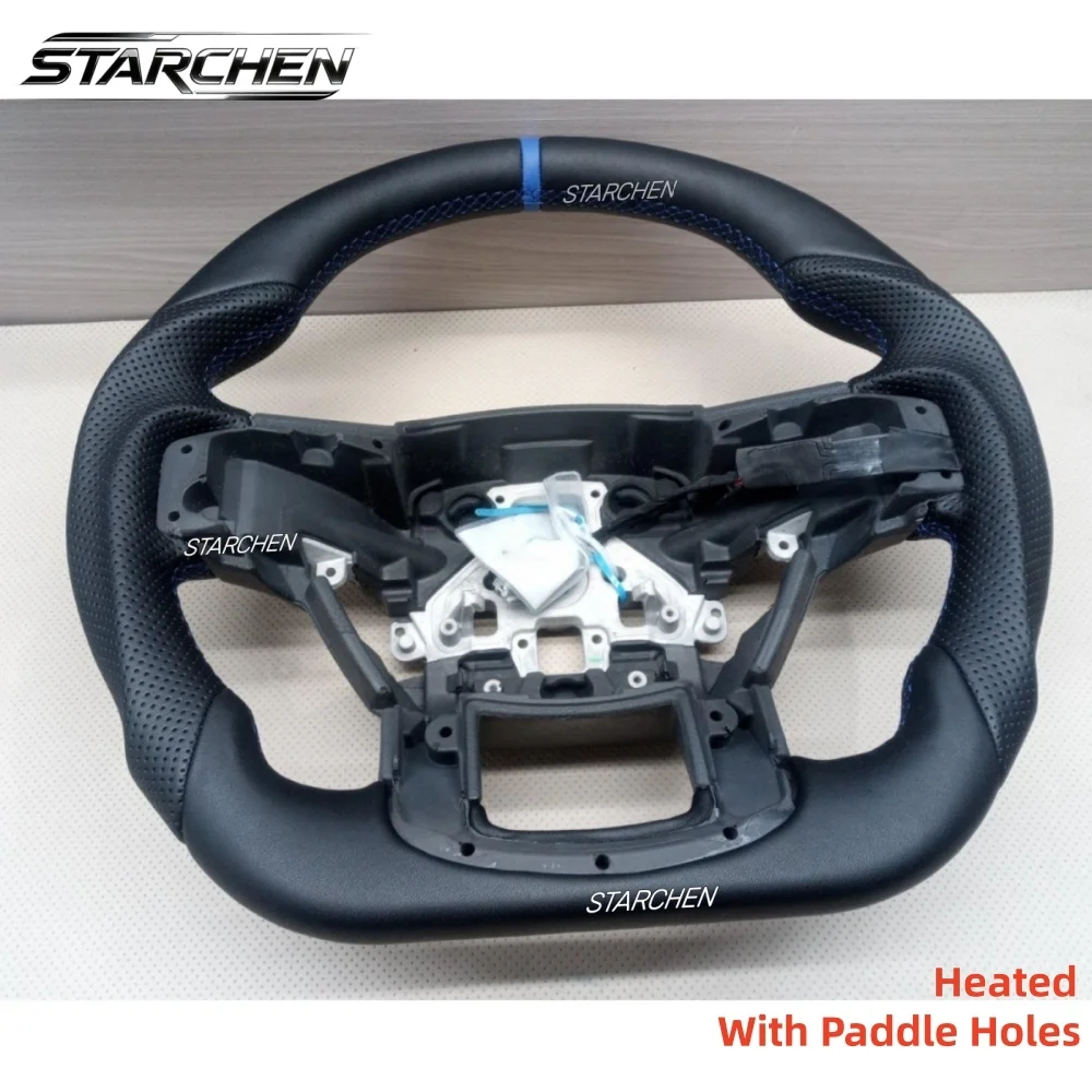 Full Leather Sports Heated Steering Wheel for Ford F150 Raptor 2015-2020 Blue Stripe With Paddle Holes