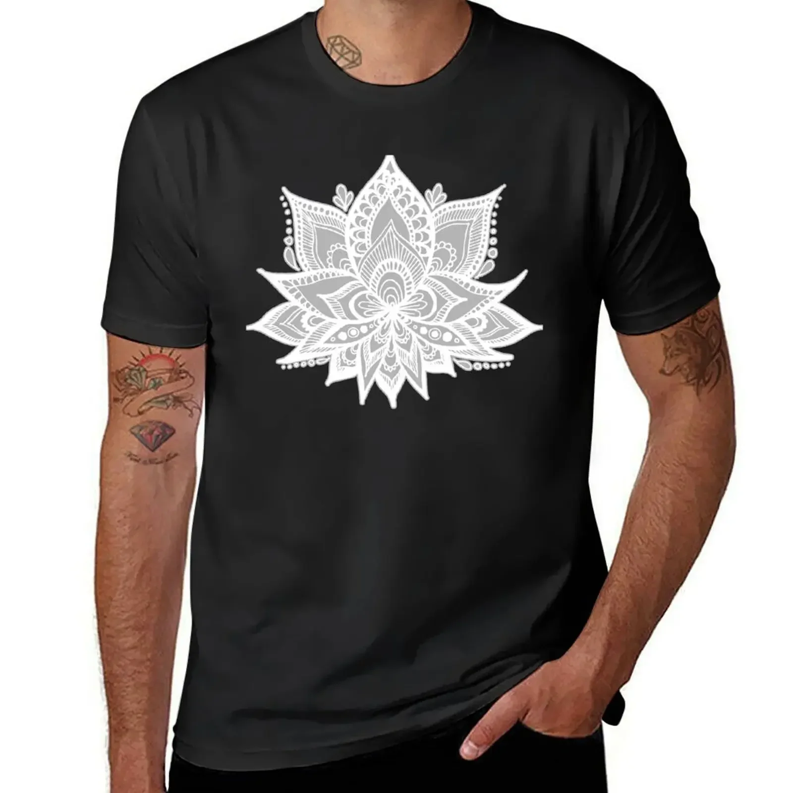 

Grey and White Lotus Flower Mandala T-Shirt vintage anime shirt oversized t shirt mens big and tall t shirts