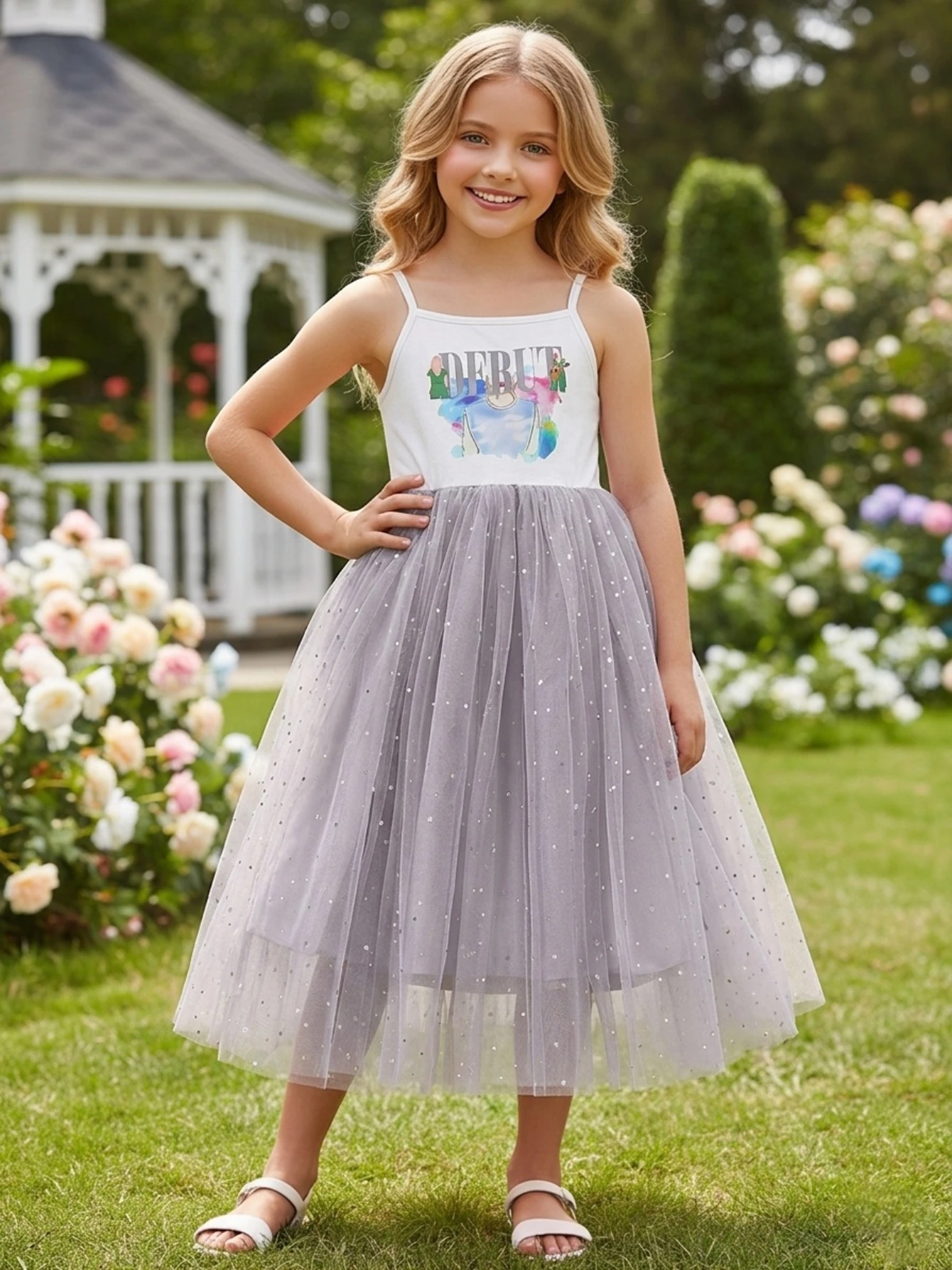 Summer Girls Dress Cartoon Print Sleeveless Tank Dress Starry Mesh Tutu Skirt Princess Party Outfits for Kids Clothes 3-10 Years