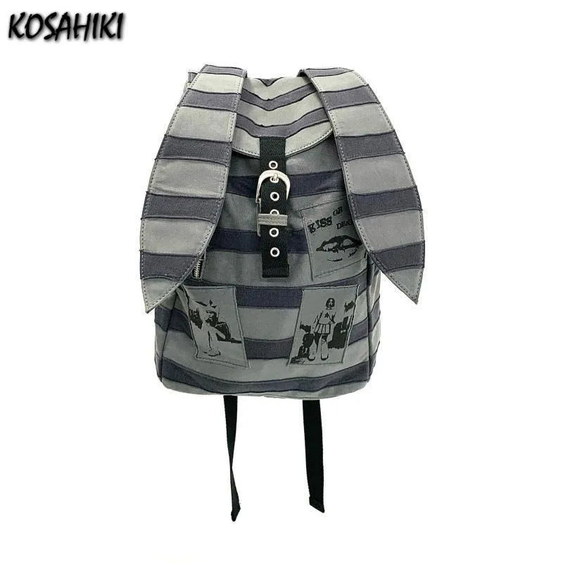 Vintage Contrast Color Striped Punk Backpack Girls Casual Kawaii Rabbit Ear Schoolbags Y2k Aesthetic Patchwork Women Backpacks