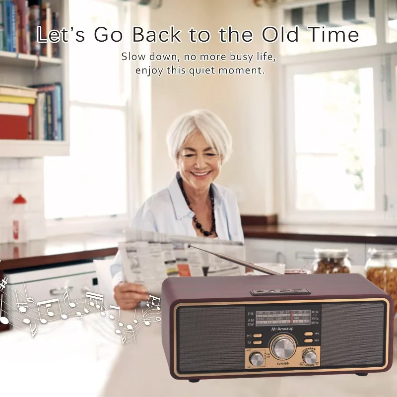 Nostalgic Stereo Radios Wireless Subwoofer Retro Wooden Bluetooth Speakers with AM/FM/SW Multi-band Support AUX USB TF Card Slot