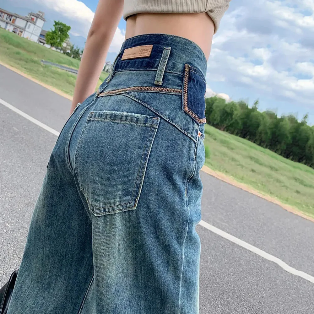 Vintage Washed High Waist Jeans for Women High Street Loose Distressed Straight Wide Leg Denim Pants Korean Fashion New Trousers