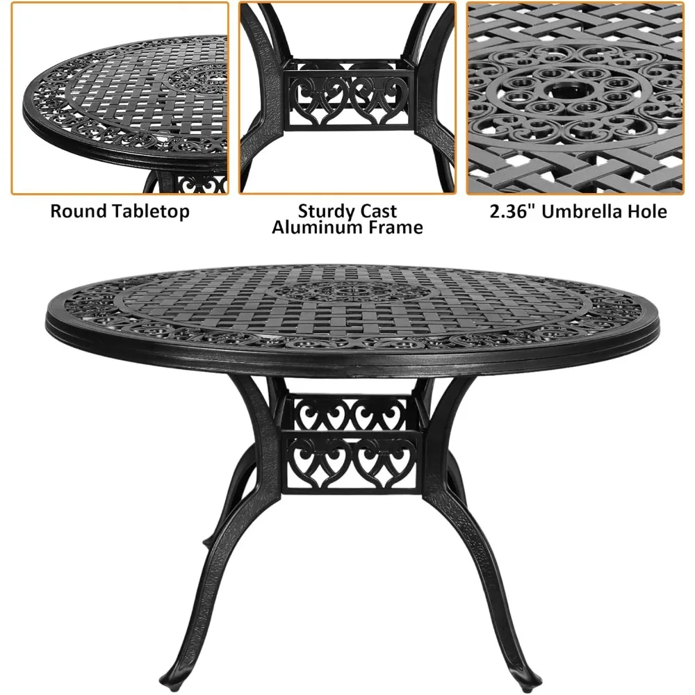 طاولة طعام مستديرة للاستخدام الخارجي مقاس 48 بوصة من الألومنيوم مع إطار مطلي بالمسحوق وحامل مظلة للحديقة