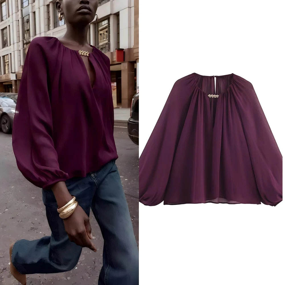 

Women's 2025 new fashion metal buckle decoration casual semi transparent pleated shirt retro long sleeved women's shirt chic top