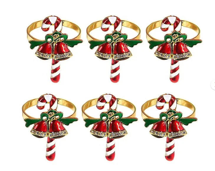 

6pcs Christmas Cane Decor Bells Christmas Napkin Rings Set Xmas Tree Cane Bells Design Christmas Party Table Decorative Ornament