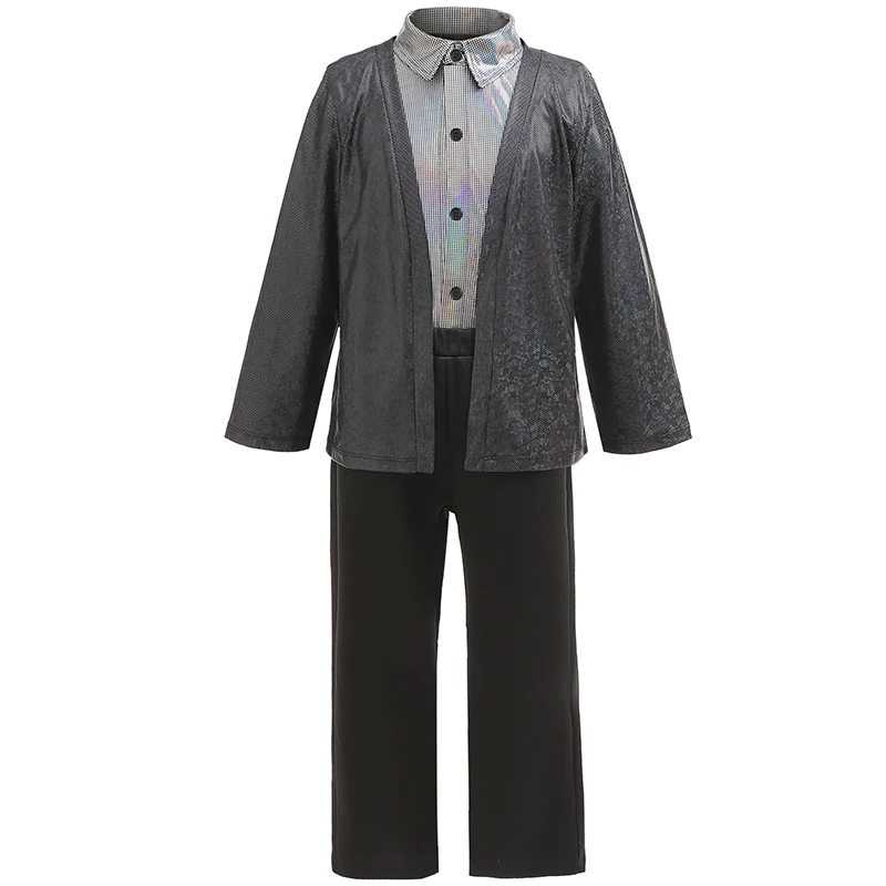3Pcs Dance Outfit Boys Shiny Cardigan Lapel Shirt Wide Leg Pants Kids Hip Hop  Stage Costume Halloween Party Performance Suit