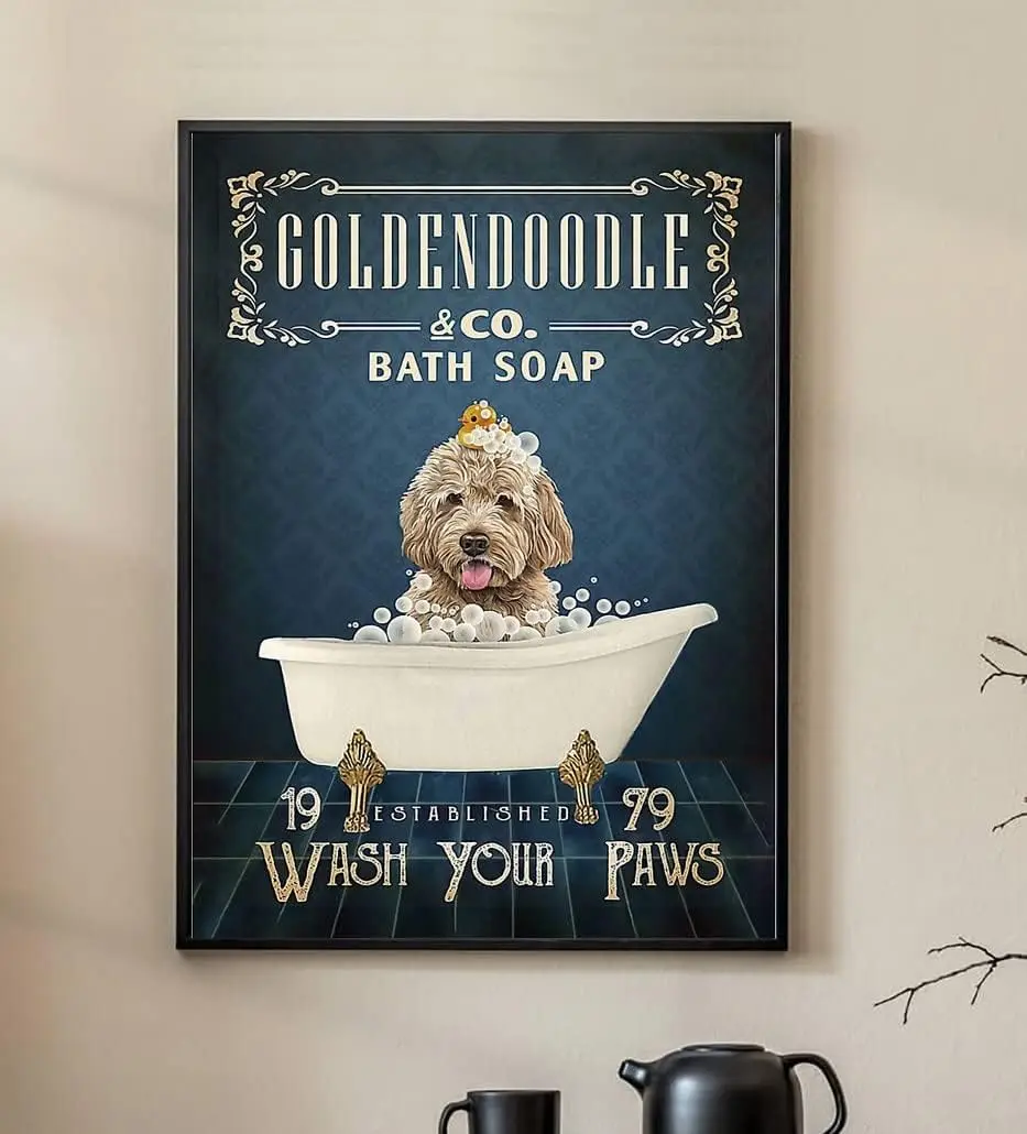 Retro Metal Tin Sign 8 X 12 Inches Goldendoodle Co Bath Soap Wash Your Paw Poster Goldendoodle Dog Poster Cute Dog Poster Decor