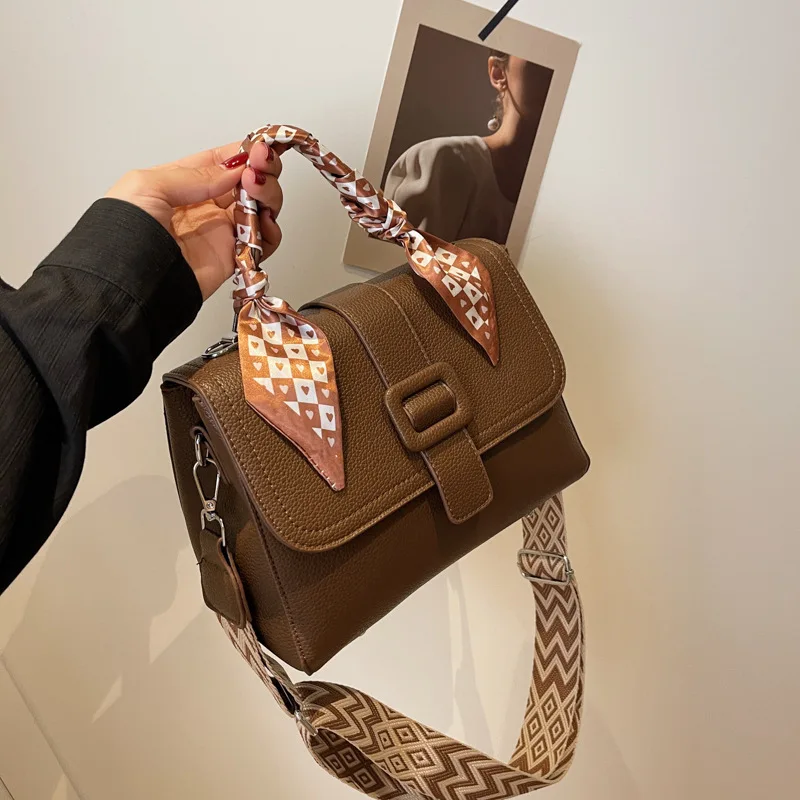 New Fashion Luxury Brand Leather Crossbody Shoulder Handbags For Womens Advanced Retro Wide Shoulder Strap Casual Small Tote