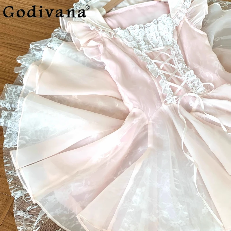Vestido de princesa estilo balé japonês, vestido feminino de verão com laço e manga esvoaçante, rosa, cintura alta, lolita, doce