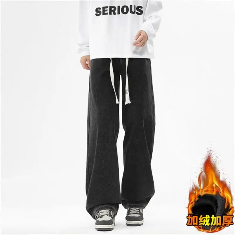 

Autumn And Winter Plus Plush Thick Trend Straight Leg Jeans For Men, Loose American High Street Fashion Casual Wide Leg Pants