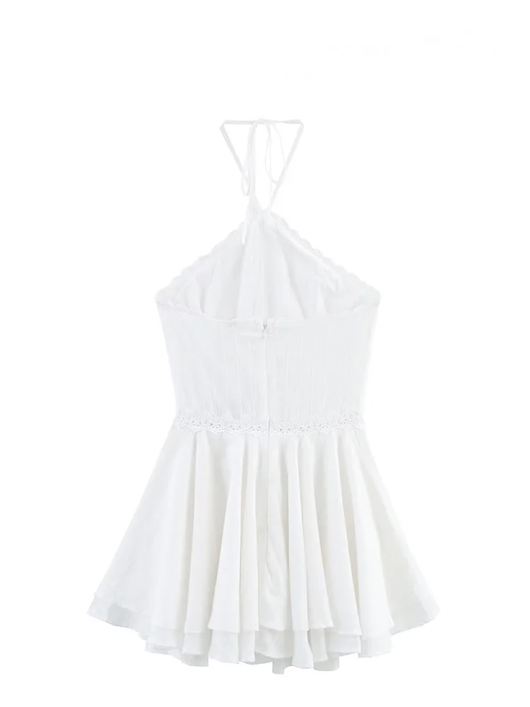 Hh mulher festa de férias pendurado pescoço colarinho zíper mini vestido feminino verão sem costas design laminado chique sexy vestidos curtos