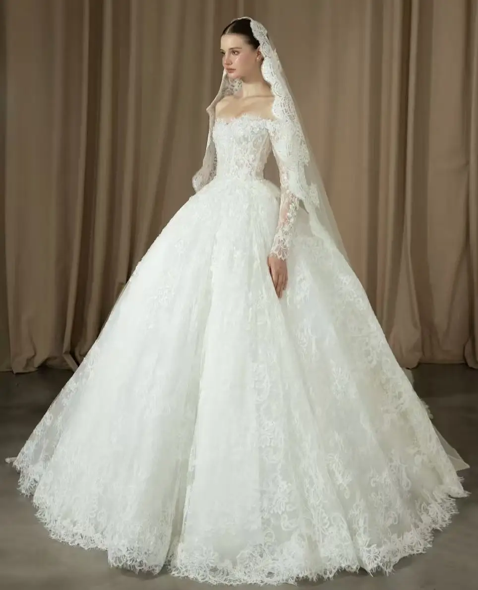 

Кружевное свадебное платье трапециевидной формы с открытыми плечами и аппликацией на заказ, Vestido de novia