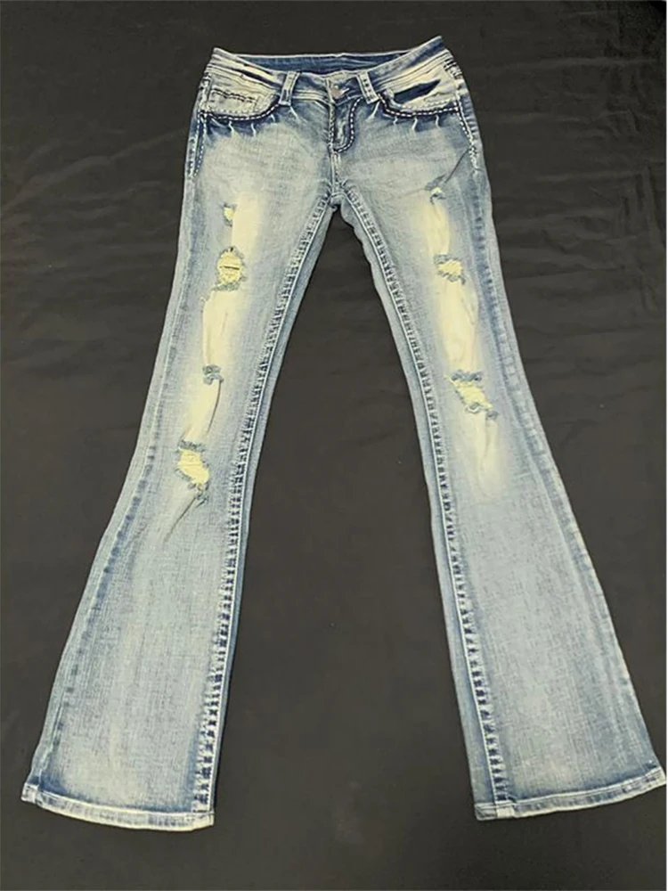 

Уличная одежда, расклешенные рваные джинсы с низкой талией, женские осенние винтажные узкие джинсовые брюки Y2k Harajuku, узкие брюки в стиле ретро в стиле гранж