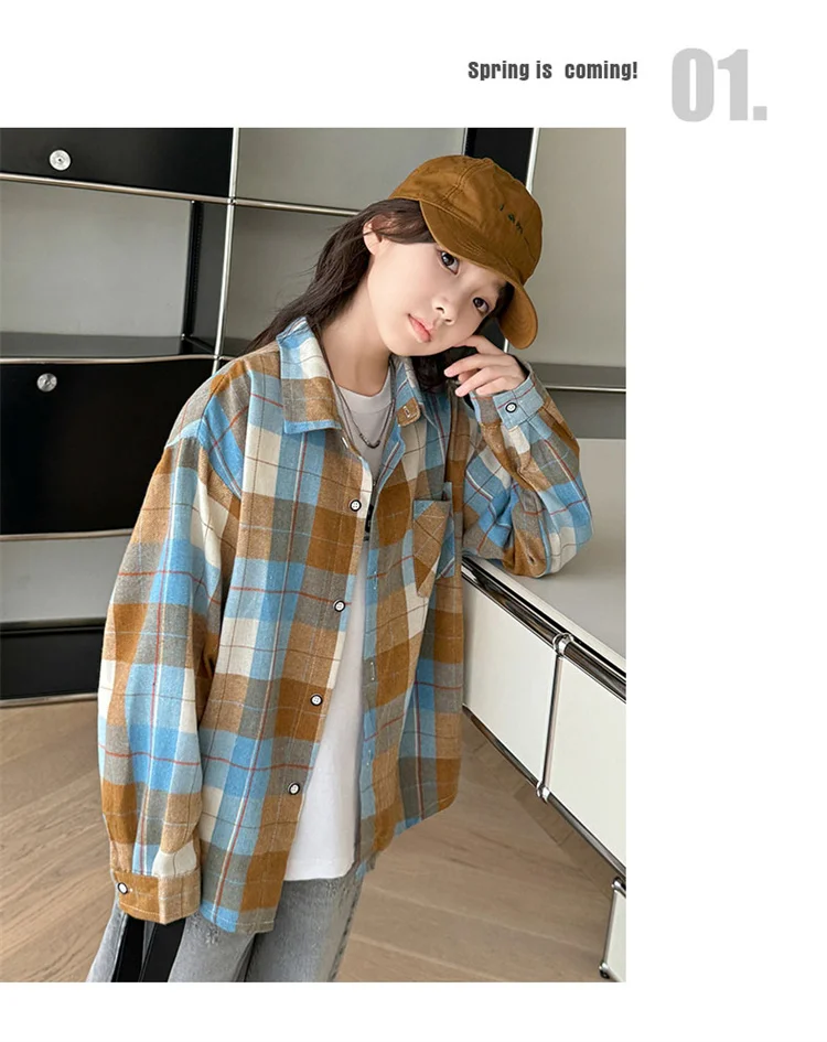 Koreanischer Stil, langärmliges kariertes Hemd für Teenager-Mädchen mit Tasche, neue Mode-Streetwear-Oberbekleidung für Kinder, Baumwollbluse für Kinder im Alter von 5-14 Jahren. – Detail 5