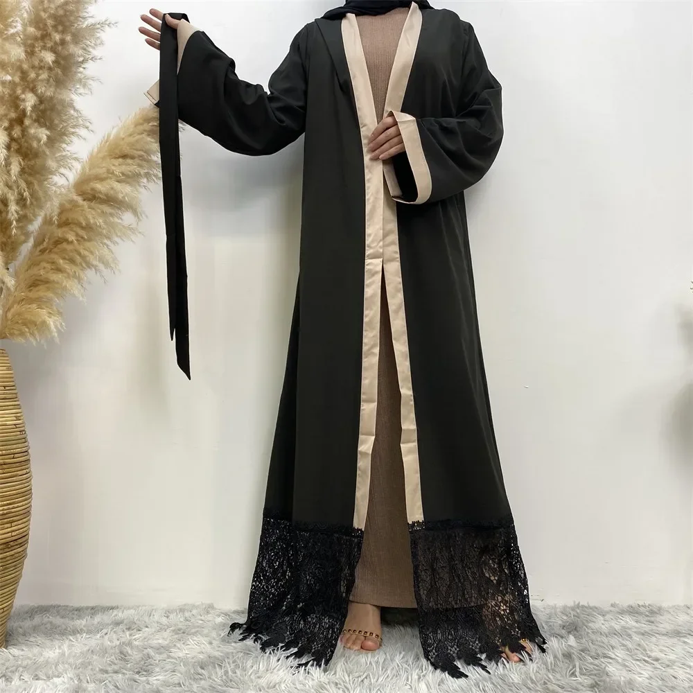 

Black Lace Embroidery Open Abaya Ramadan Eid Muslim Women Kimono Maxi Dress Islam Jalabiya Belted Robe Kaftan Dubai Gown Kebaya