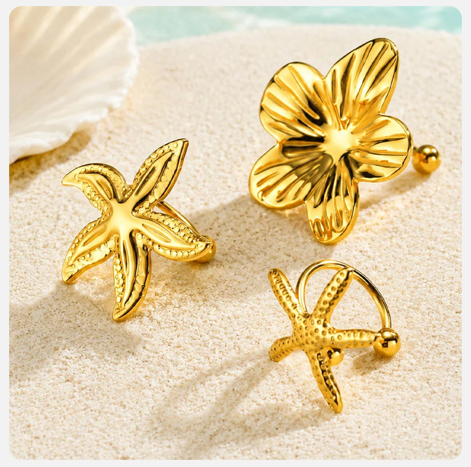 Vnox Trendige Seestern-Knorpel-Clip-Ohrringe für Frauen, vergoldet, blumenförmig, ohne Piercing, Clip-Ohrringe, geometrischer Schmuck – Detail 6