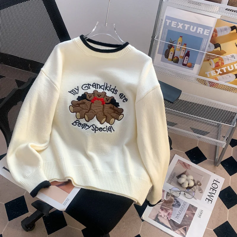 

Hsa Cute bear red New Year sweater animal year clothes for women autumn and winter 2023 new loose Korean style age-reducing tops