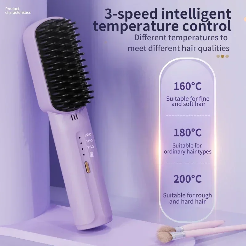 Lisseur Électrique Sans Fil Chauffant à Ions Négatifs, Peigne à Friser, Rechargeable, Anti-Brûlure, Brosse de Soins Capillaires