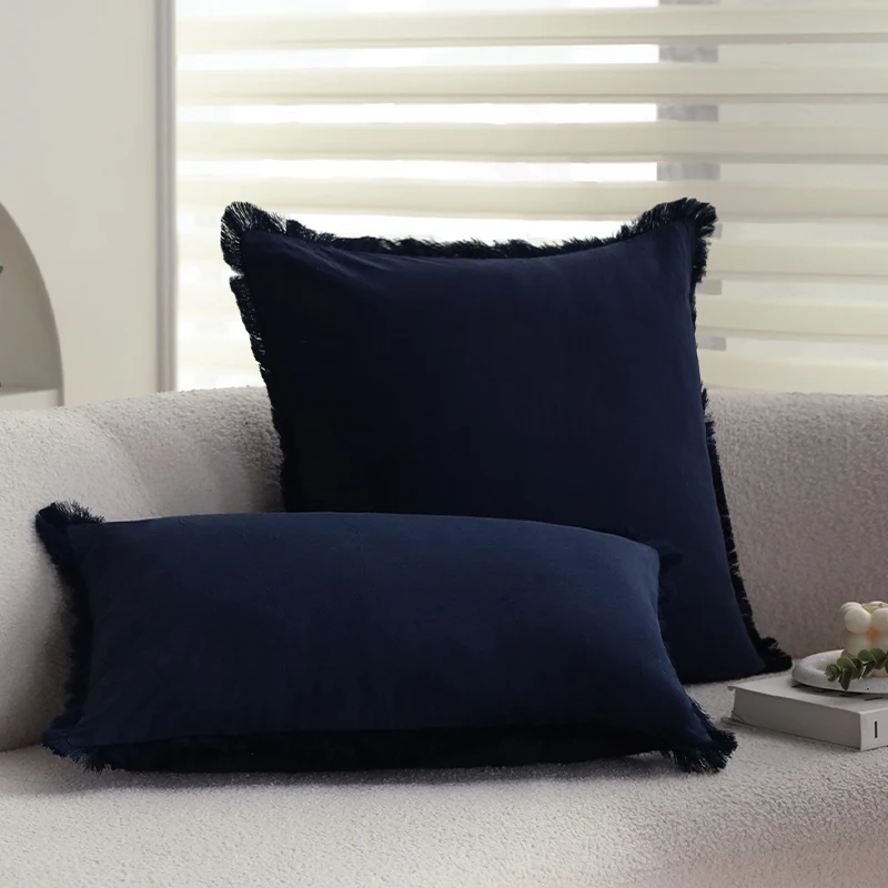 Cushion Cover Navy Blue Beard Edge Pillowcase Super Soft Decorative Pillowcase For Sofa Office Bedroom 30x50cm 45x45cm 50x50cm