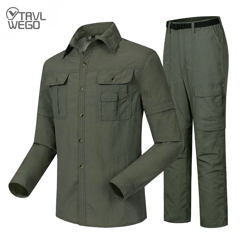 TRVLWEGO-ropa táctica para hombre, camisa y pantalones de combate para pesca, Trekking, Camping, protección UV al aire libre, conjunto extraíble de