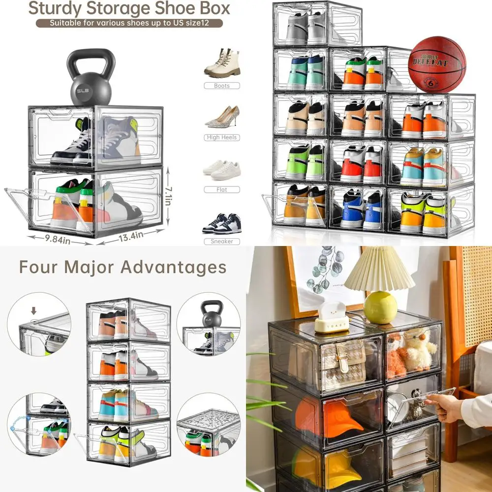 

12-Pair Clear Shoe Storage Boxes with Magnetic Doors for Men & Women, Fits US Size 12