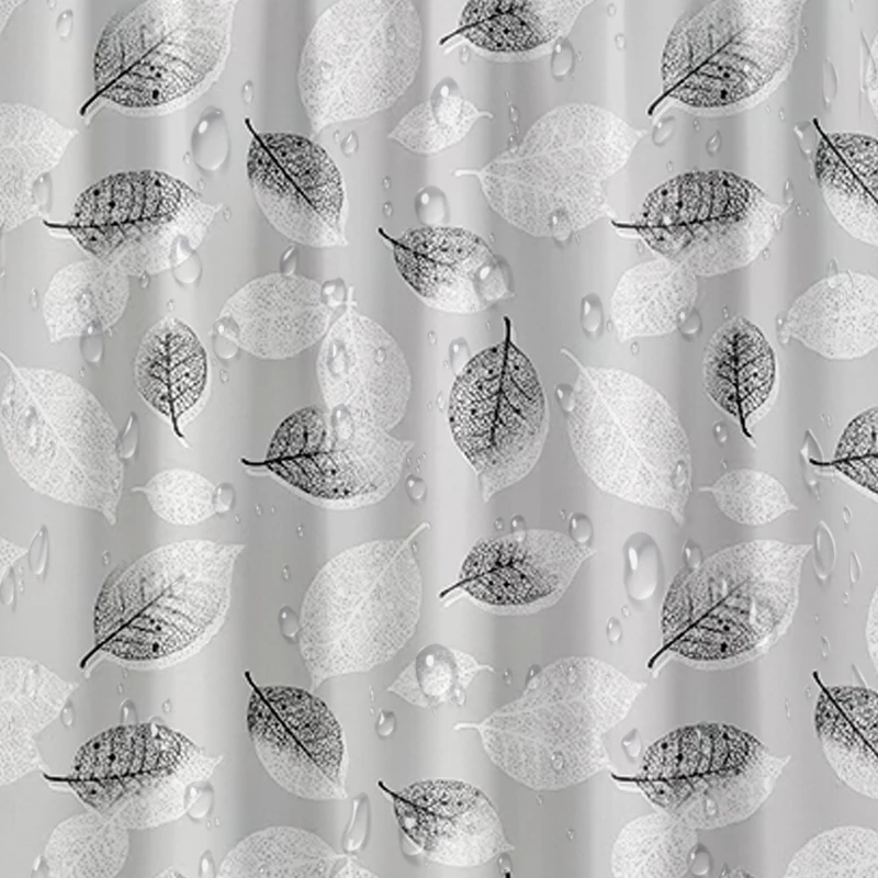 High Quality Waterproof and anti-mildew PEVA shower curtain black and white leaf bathroom curtain with hook