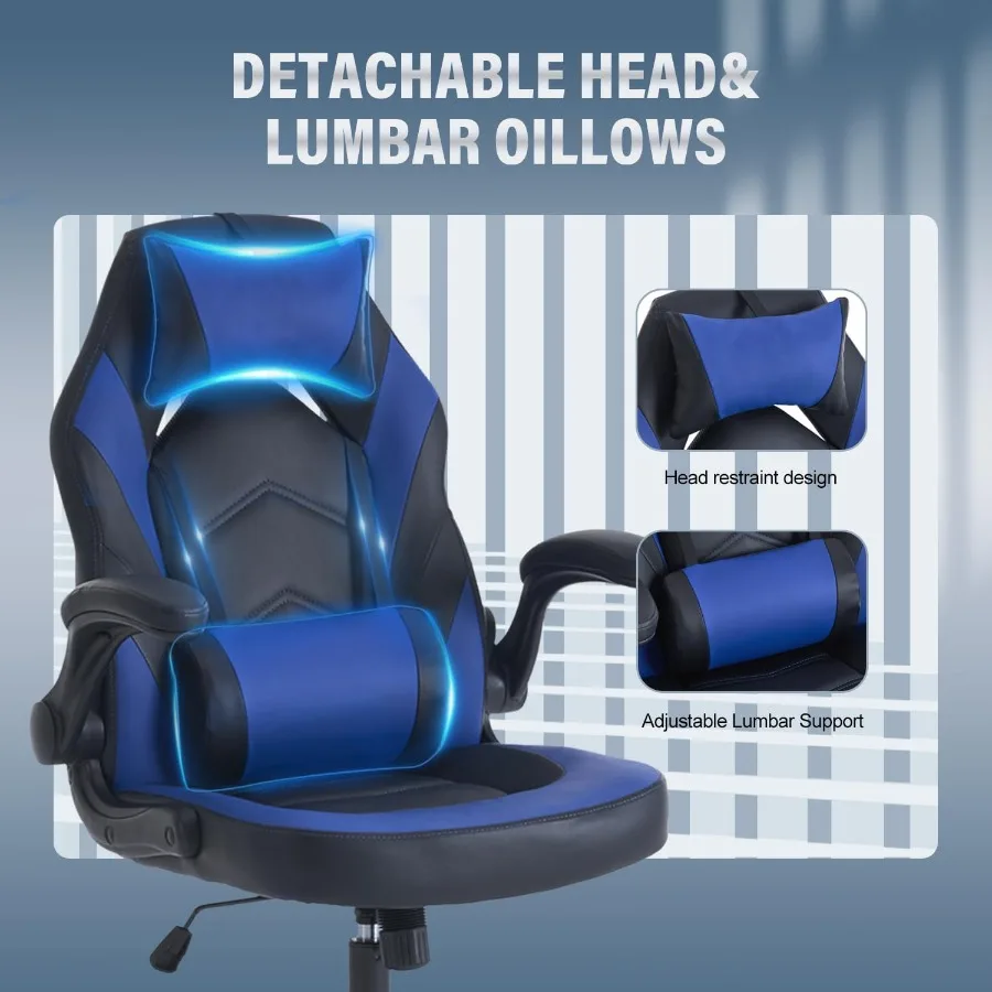 DUMOS Cadeira ergonômica para jogos, escritório, com braços articulados, para adultos, altura ajustável, couro PU, videogame, computador, chai