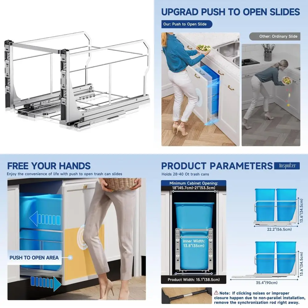 

Heavy Duty Kitchen Trash Can with Push to Open Slides, Under Cabinet Pull Out Garbage Can, Sink Storage Organizer