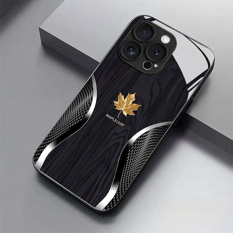 Funda de teléfono de cristal con patrón curvo de grano de madera de hoja de arce de lujo para iPhone 17 16 15 14 Pro Max 13 12 11 16E 17Air 7 Plus XS X