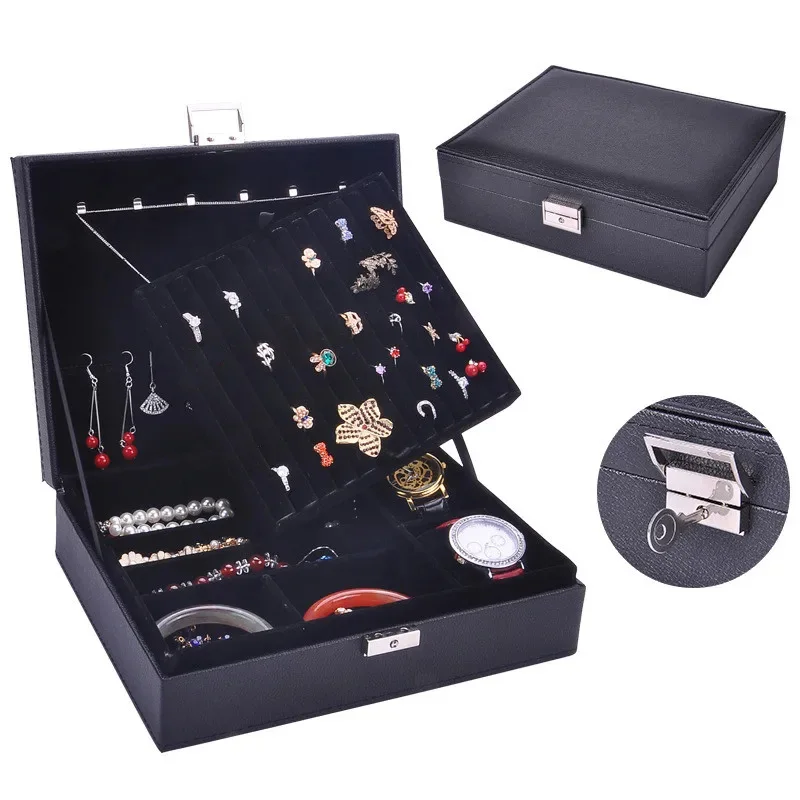 Multifunctional Earrings Necklaces Rings Storage Box Home Double-Layer Jewelry Storage Box Leather Jewelry Organizer Case