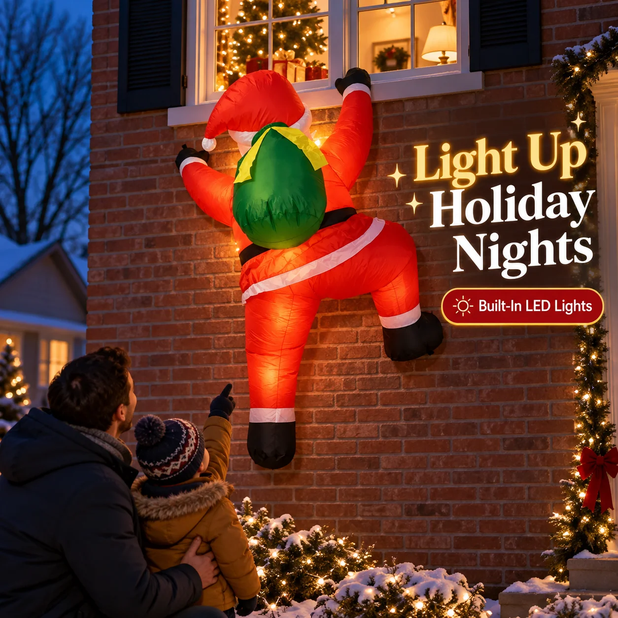 6FT Christmas Inflatable Climbing Santa Claus with Gift Bag Built in LED Light Up Blow Up Yard Decoration Outdoor Indoor Holiday Party Toy for Home Garden Roof Window Eaves Hanging Xmas Decorations with Air Blower and Ropes Xmas Party Props Decor Toys