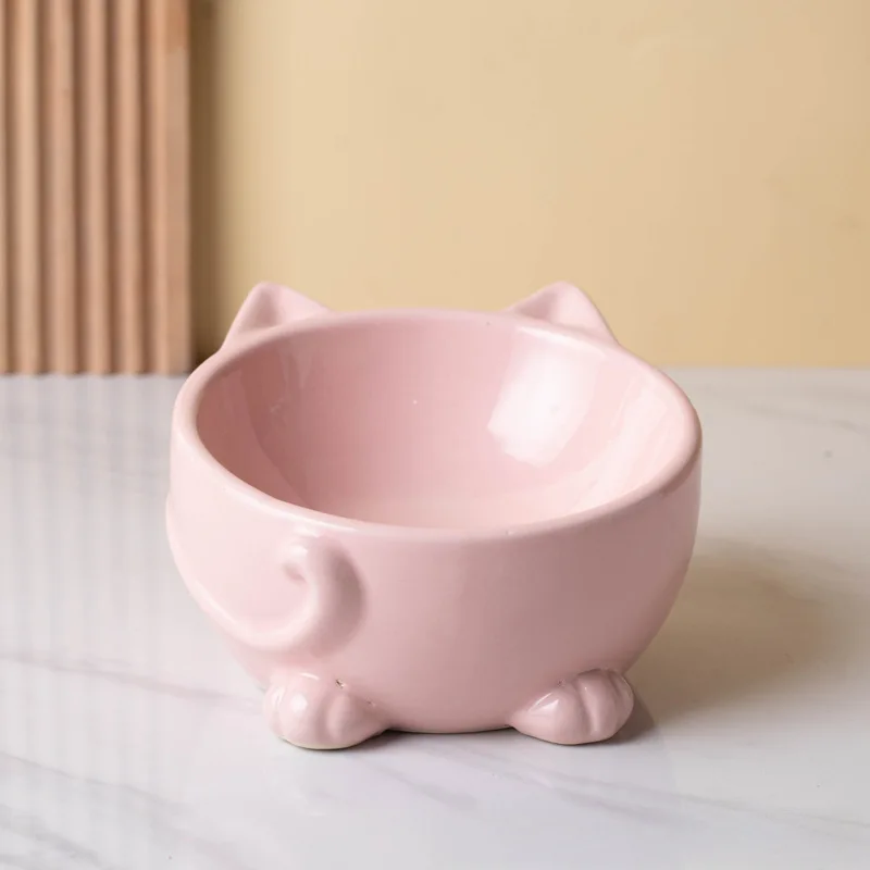 

Ceramic Cat Bowl Double Bowl Drinking Bowl Pet Cat Basin High Foot Neck Protection Cervical Oblique Cat Rice Bowl Pink Short