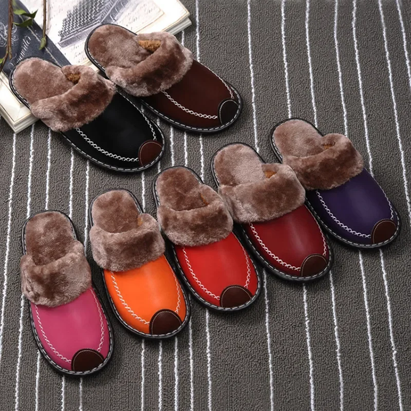 Waterproof Leather Slippers Men Cotton Shoes Home Slippers Soft Bottom Footwear Non-Slip Indoor Warm Plush Winter Women Slippers